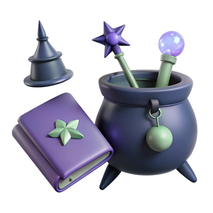 PSD una olla púrpura con una estrella verde en ella y un libro pórpuro con una estrella en ella