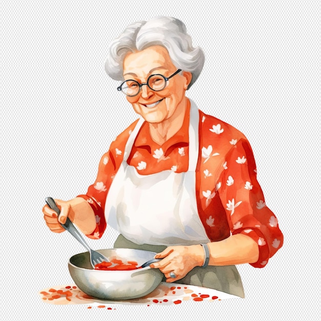 PSD oma beim kochen, illustriert in isoliertem aquarell