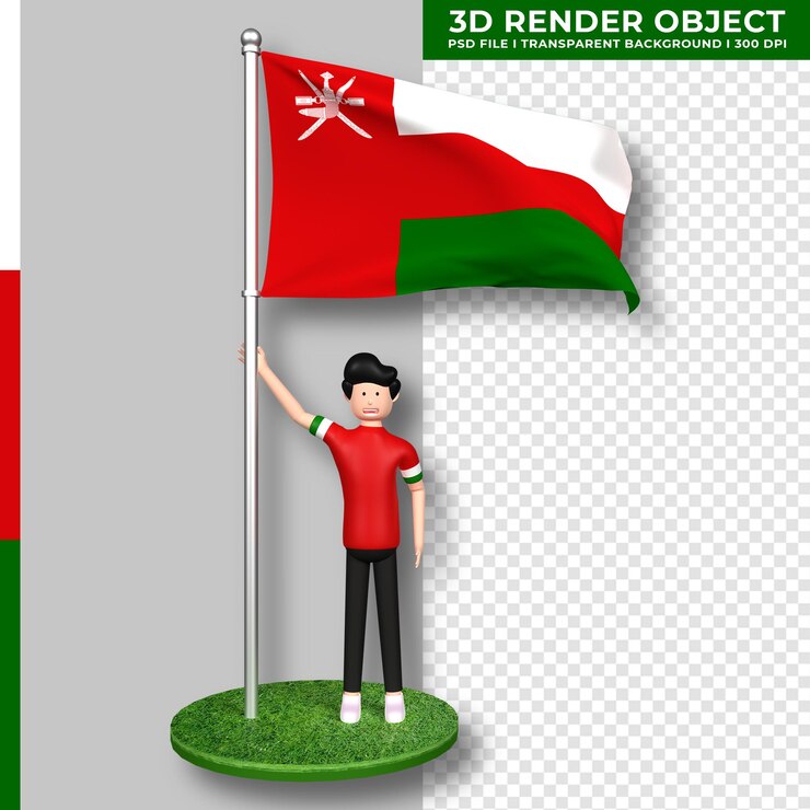 PSD oman flag with cute people cartoon character. independence day. 3d rendering.