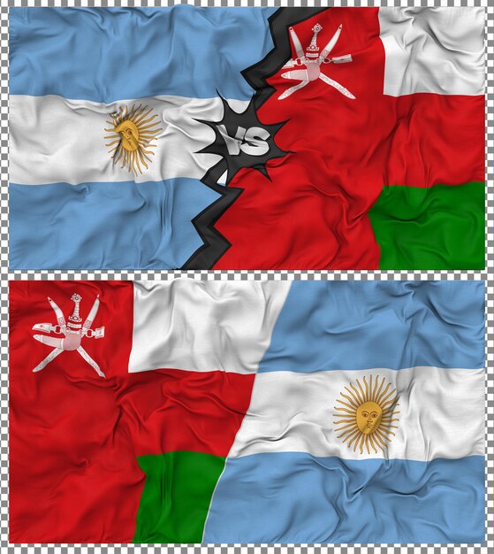 Oman gegen Argentinien Halbkombinierte Flagge Stoff-Bump-Textur 3D-Rendering