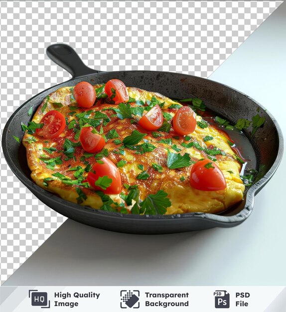 PSD omelete transparente com tomate e folhas verdes sobre um fundo transparente