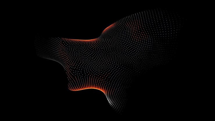 PSD onda de partículas abstractas de color naranja y gris sobre un fondo negro