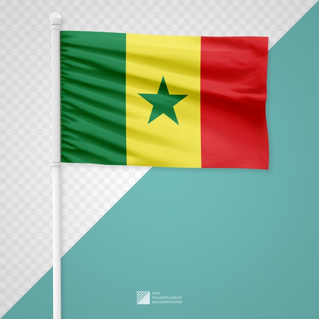 Ondando a bandeira do senegal em um poste de metal branco isolado em um fundo transparente