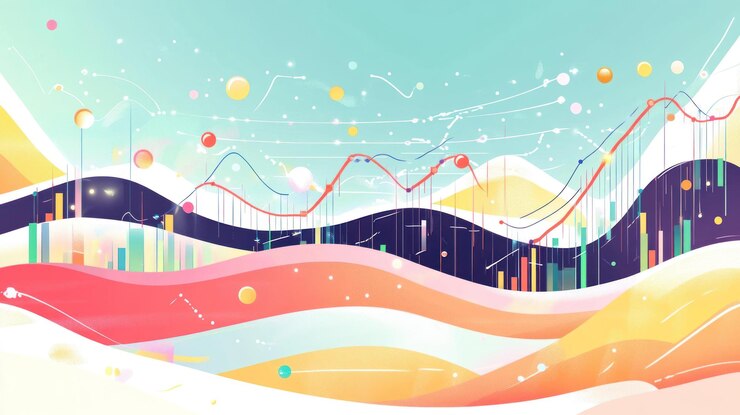 PSD ondas abstractas de colores con gráficos y gráficos de visualización de datos que muestran el crecimiento y el progreso