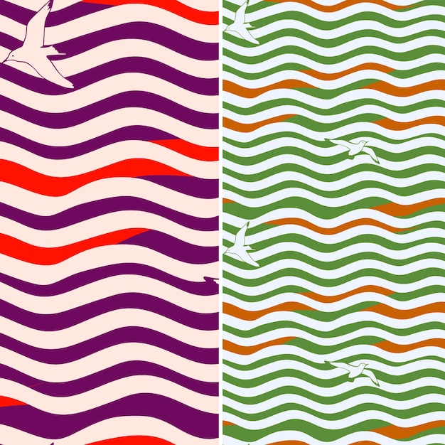 Ondas de praia com silhueta de gaivota e design geométrico com desenhos de padrões vetoriais de ilustração