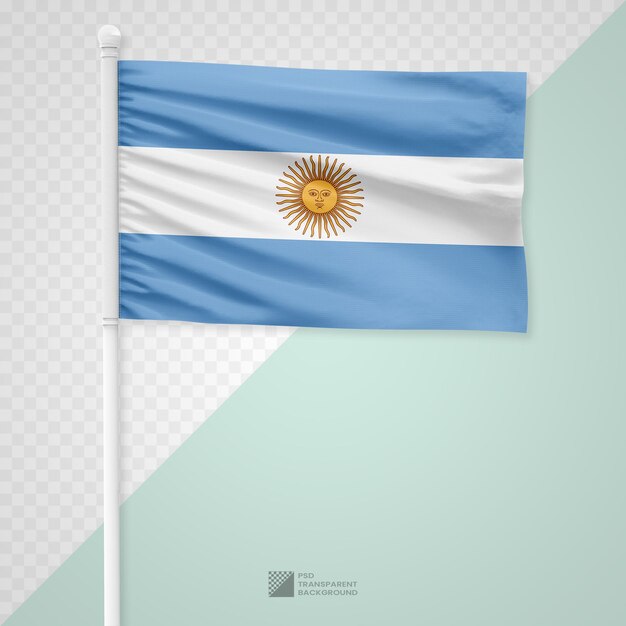 Ondeando la bandera argentina sobre un poste de metal blanco aislado sobre un fondo transparente