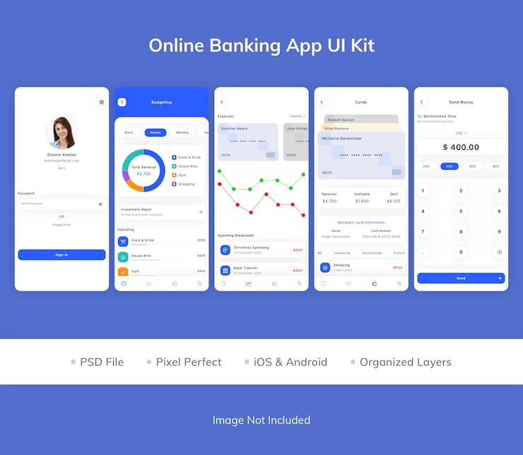 PSD online banking app ui kit pack