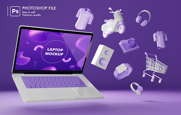 Online-Einkaufsobjekt um Laptop-3D-Rendering