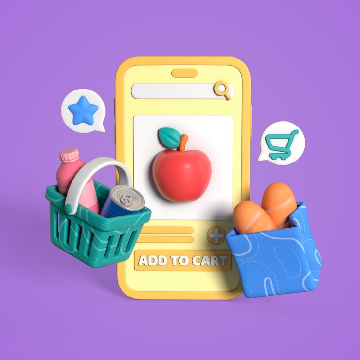 PSD online grocery shopping app with 3d cartoon elements