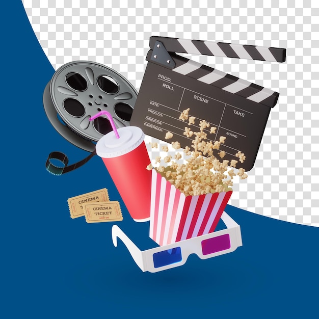 Online-kinokunstfilme mit popcorn- und filmstreifen-kinematographenkonzept