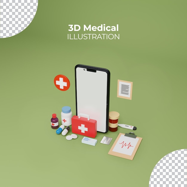 Online-medizin-verkaufskonzept mit smartphone 3d gerendert