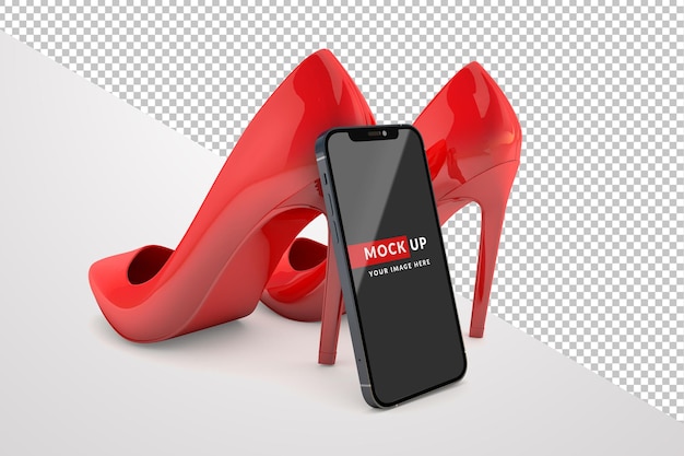 Online-shop-konzept mit smartphone und roten frauenschuhen in 3d-rendering