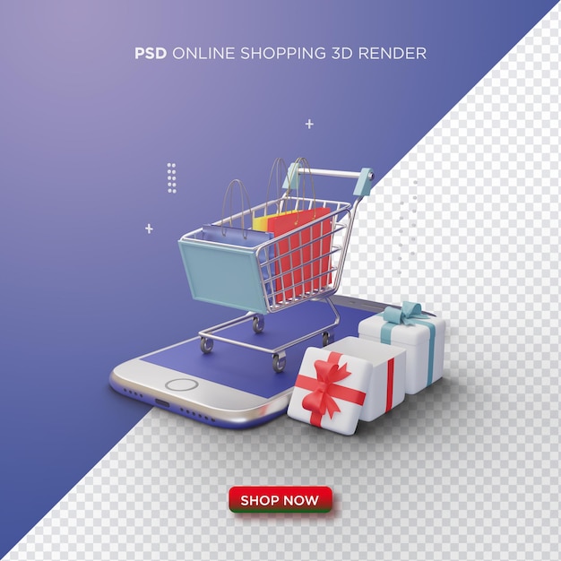 Online-Shopping-3D-Rendering mit einem Einkaufswagen auf einem Smartphone