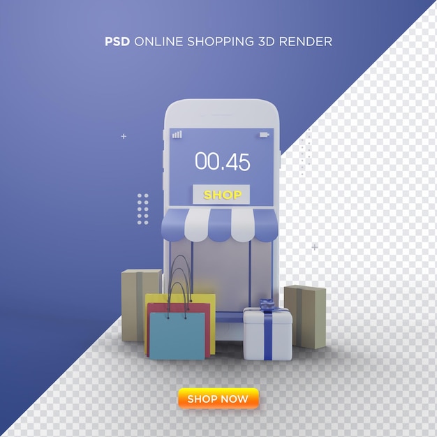 PSD online-shopping-3d-rendering mit illustration eines smartphone-shops