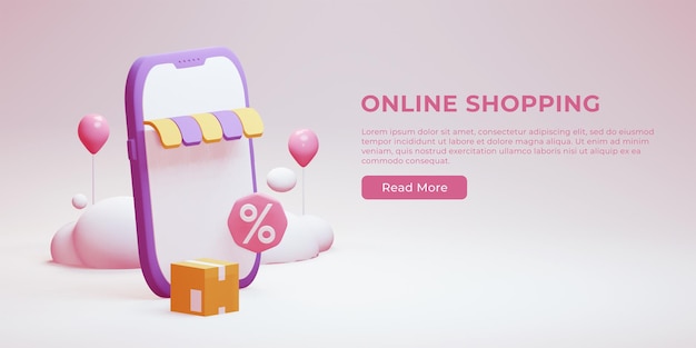 PSD online-shopping 3d-webbanner mit rabattangebotssymbol und paketbox