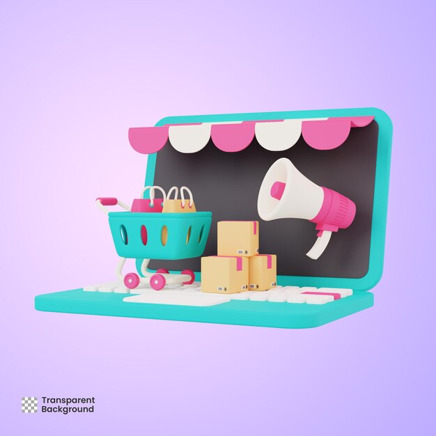 PSD online-shopping auf laptop 3d-illustration