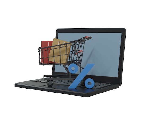Online-Shopping-Konzept mit einem Laptop-Einkaufswagen, Verkaufsprozentsatz und Einkaufstaschen