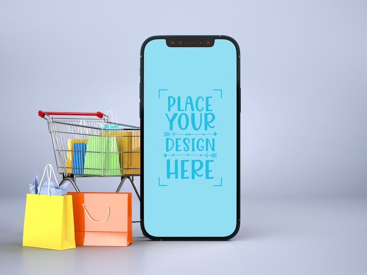 PSD online-shopping mit modellvorlage für mobilgeräte und einkaufselemente