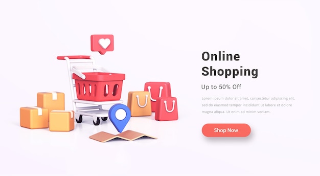 Online-Shopping mit realistischer 3D-Warenkorb-Einkaufstaschenkarte und ähnlichem Symbol