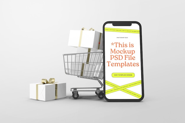 Online-Shopping-Mockup mit Geschenken und Smartphone-PSD-Datei