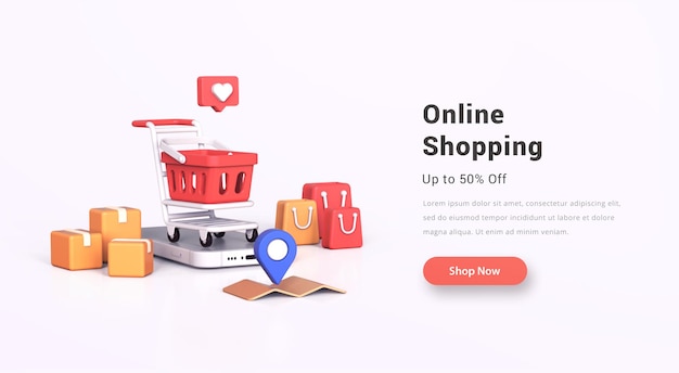 Online-Shopping-Shop-Konzept auf dem Handy mit 3D-Einkaufswagen-Einkaufstasche-Karte und ähnlichem Symbol