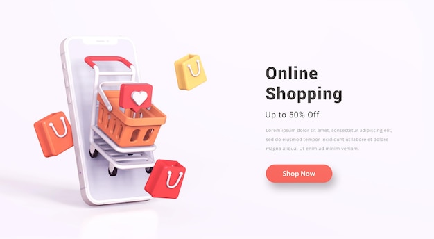 Online-Shopping-Shop-Konzept auf dem Handy mit 3D-Warenkorb-Einkaufstasche und ähnlichem Symbol
