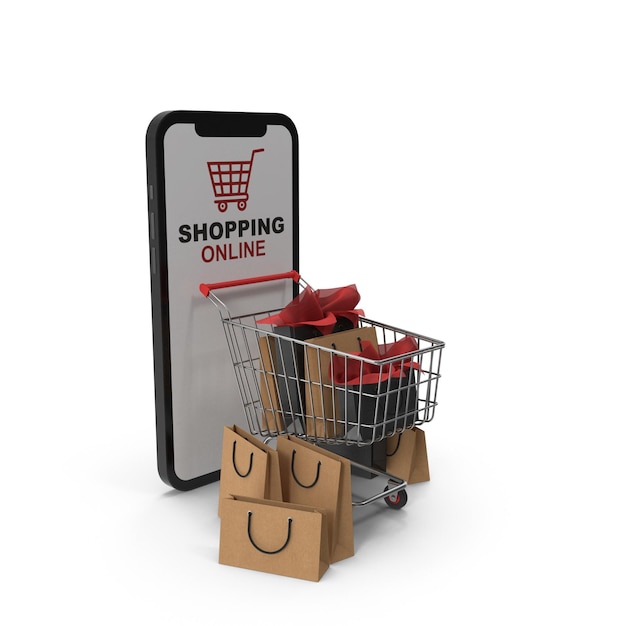 Online Shopping Smartphone with Shopping Cart and Bags