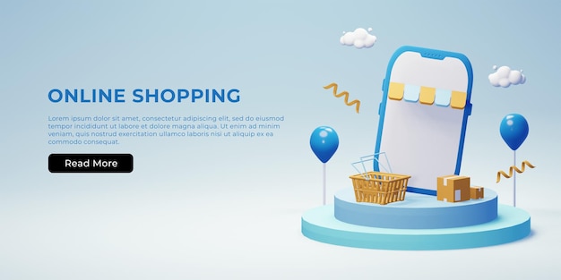 Online-shopping-web-banner-schnittstelle mit 3d-paket, warenkorb und smartphone