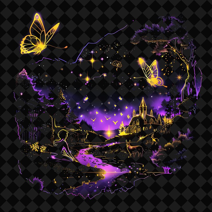 PSD open fantasy nights paesaggi incantati con foresta di neon y2k arte e illustrazione disegni animali