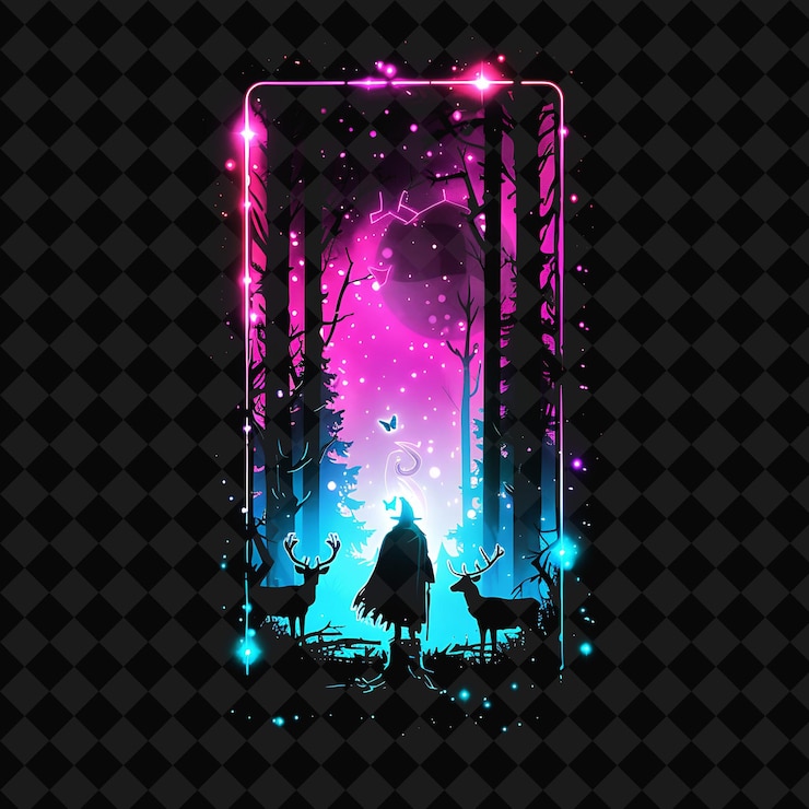 PSD open fantasy nights paesaggi incantati con foresta di neon y2k arte e illustrazione disegni animali