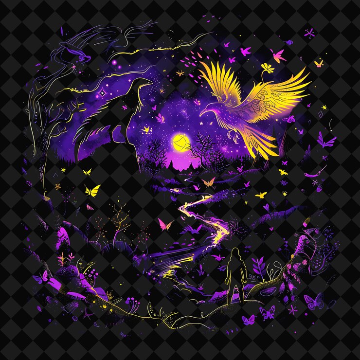 PSD open fantasy nights paesaggi incantati con foresta di neon y2k arte e illustrazione disegni animali