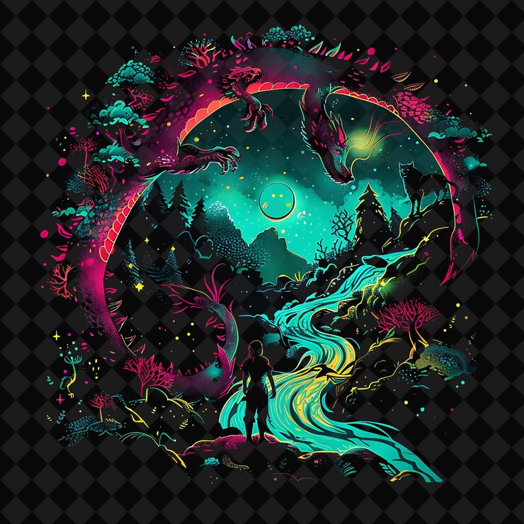 PSD open fantasy nights paesaggi incantati con foresta di neon y2k arte e illustrazione disegni animali