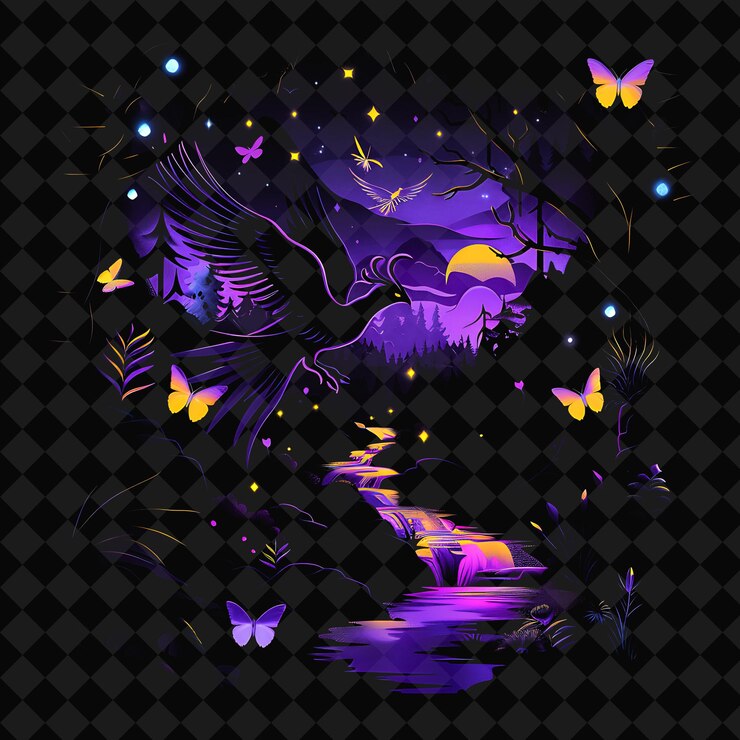 PSD open fantasy nights paesaggi incantati con foresta di neon y2k arte e illustrazione disegni animali