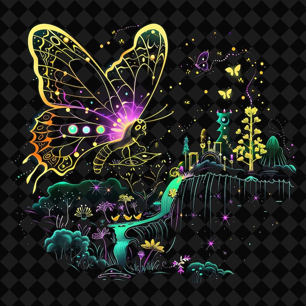 Open Fantasy Nights Paesaggi incantati con foresta di neon Y2K Arte e illustrazione Disegni animali