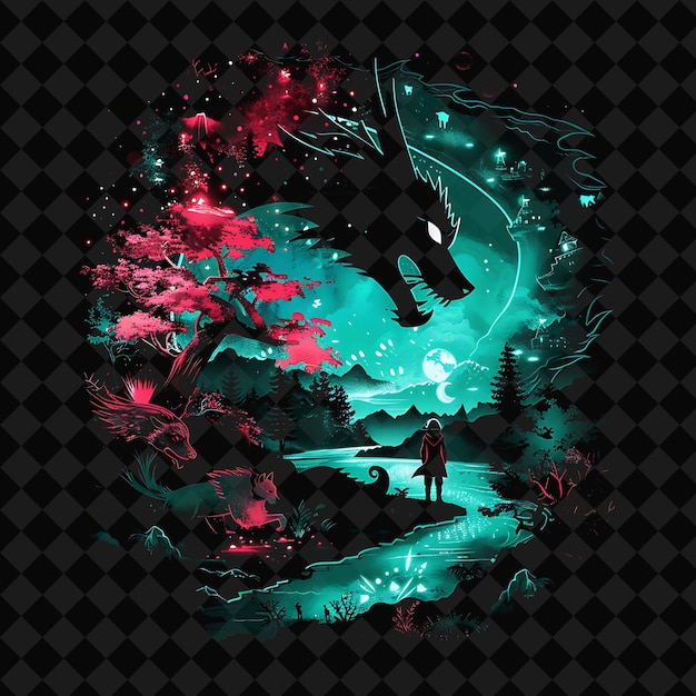 Open Fantasy Nights Paesaggi incantati con foresta di neon Y2K Arte e illustrazione Disegni animali
