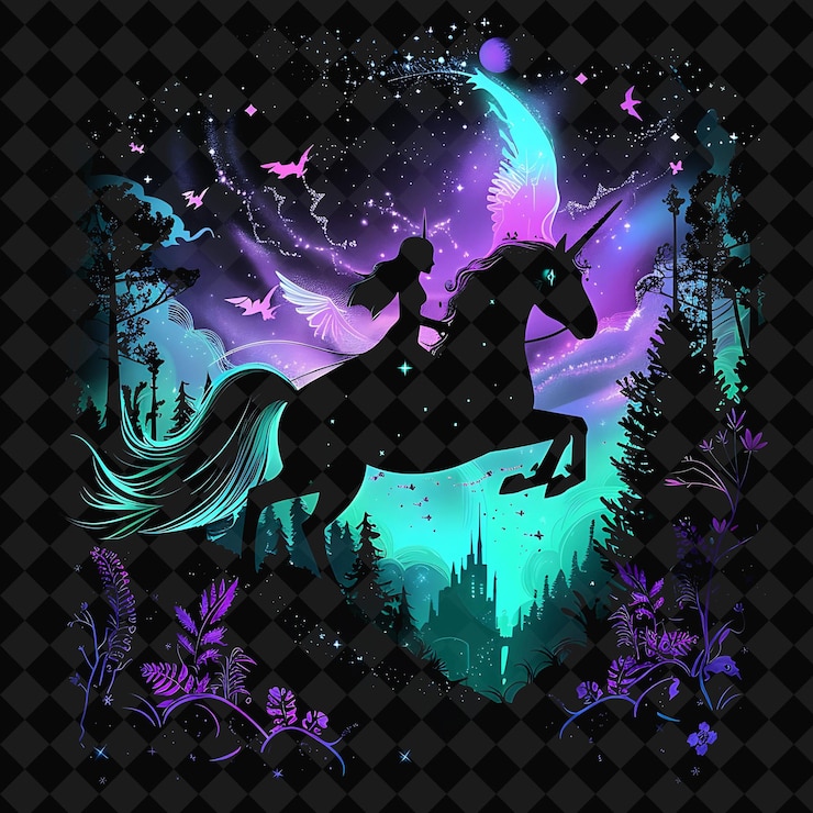 PSD open fantasy nights paesaggi incantati con foresta di neon y2k arte e illustrazione disegni animali