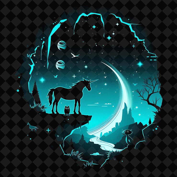 PSD open fantasy nights paesaggi incantati con foresta di neon y2k arte e illustrazione disegni animali