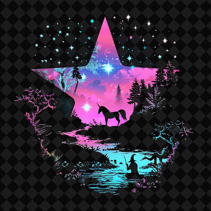 PSD open fantasy nights paesaggi incantati con foresta di neon y2k arte e illustrazione disegni animali