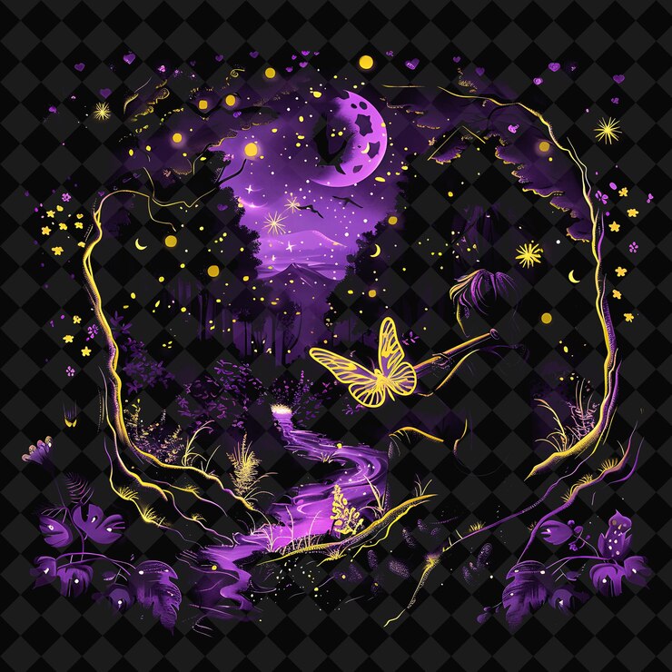 PSD open fantasy nights paesaggi incantati con foresta di neon y2k arte e illustrazione disegni animali