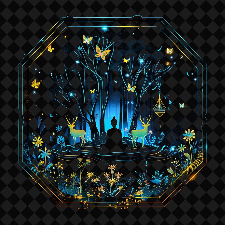 PSD open fantasy nights paisajes encantados con bosque de neón y2k arte e ilustración diseños de animales