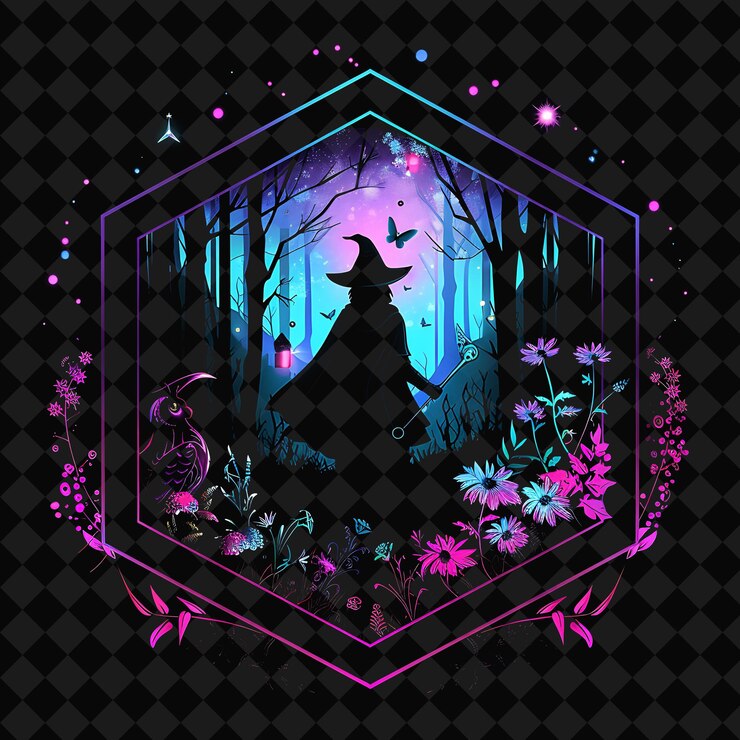 PSD open fantasy nights paisajes encantados con bosque de neón y2k arte e ilustración diseños de animales