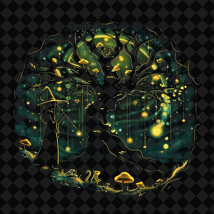 PSD open fantasy nights paisajes encantados con bosque de neón y2k arte e ilustración diseños de animales