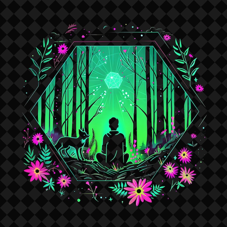 PSD open fantasy nights paisajes encantados con bosque de neón y2k arte e ilustración diseños de animales