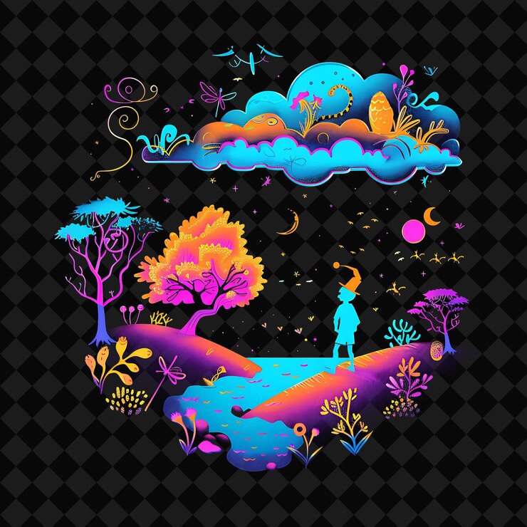 PSD open fantasy nights paisajes encantados con bosque de neón y2k arte e ilustración diseños de animales