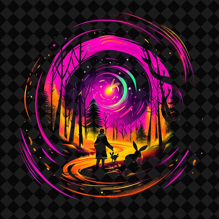 PSD open fantasy nights paisajes encantados con bosque de neón y2k arte e ilustración diseños de animales