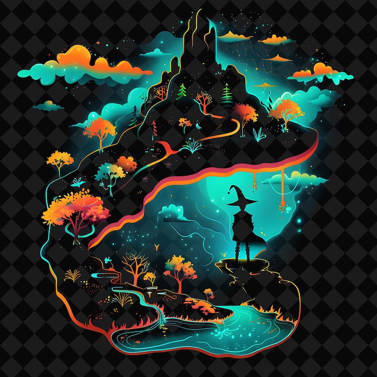 PSD open fantasy nights paisajes encantados con bosque de neón y2k arte e ilustración diseños de animales