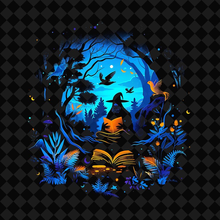 PSD open fantasy nights paisajes encantados con bosque de neón y2k arte e ilustración diseños de animales