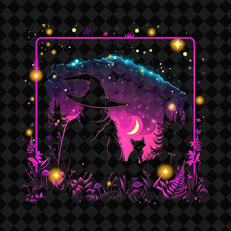 PSD open fantasy nights paisajes encantados con bosque de neón y2k arte e ilustración diseños de animales