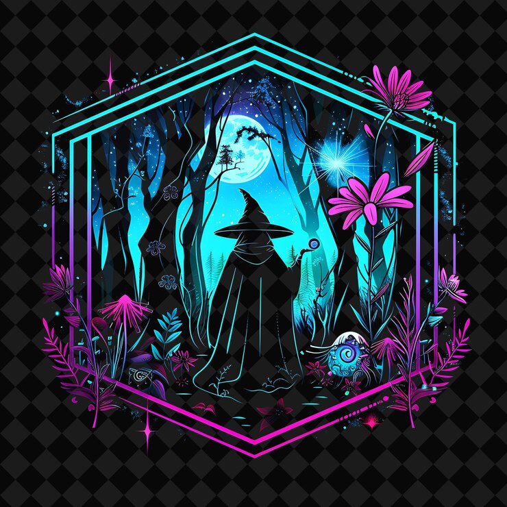 PSD open fantasy nights paisajes encantados con bosque de neón y2k arte e ilustración diseños de animales
