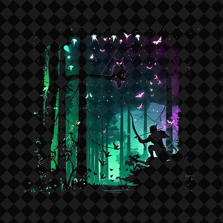 PSD open fantasy nights paisajes encantados con bosque de neón y2k arte e ilustración diseños de animales